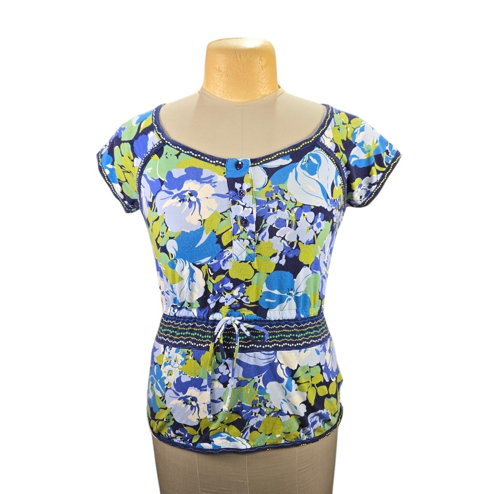 Anthropologie Little Yellow Button Floral Top‎ Women Small Pima Cotton Summer